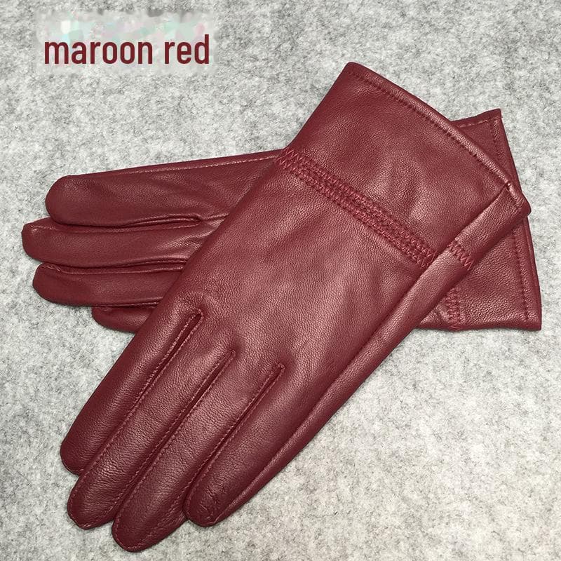 Women's Genuine Leather Winter Cycling Sheepskin Gloves - Korean Style One Size red