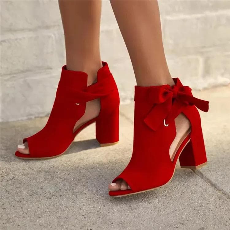 Women Chunky High-heeled Pumps 2024 ummer Cloth Side Empty Knotbow Black Red Sandals Casual Peep Toe 38 red