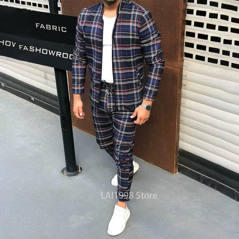 2024 Male Spring Autumn 3D Plaid Jacket Male Suit Casual Clothing Man Sets+Pants 2 Piece Sets Fashion Men's Tracksuit Sportswear XXL