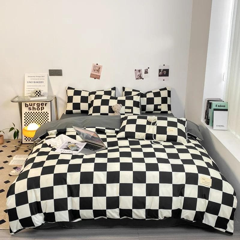 Black and White Plaid Duvet Cover Set Full, Geometric Grid Bedding Set Soft Lattice Checkerd Comforter Cover with 2 Pillowcases King 220x240cm