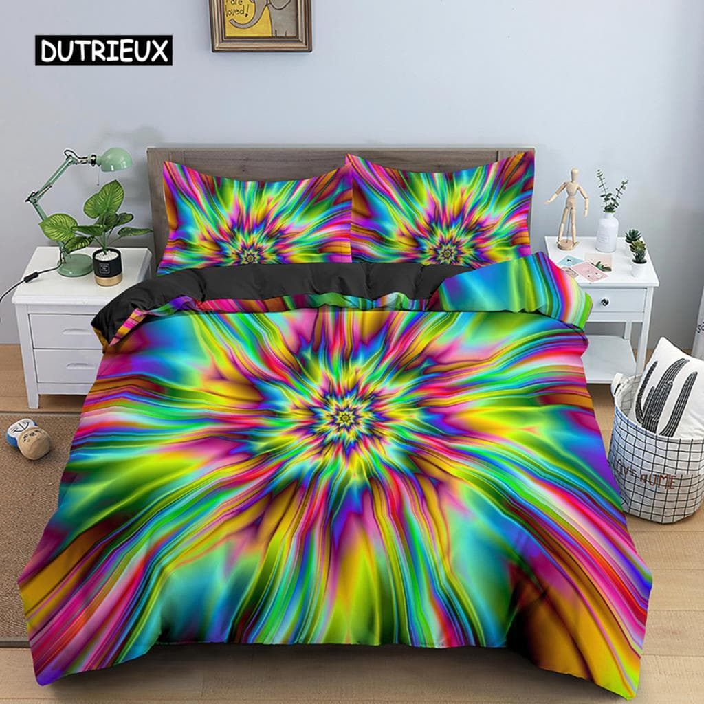 3D Abstract Duvet Cover King Queen Size Colorful Ripple Bedding Set Psychedelic Geometric Soft Comforter Cover with Pillowcase EU single(135x200cm)