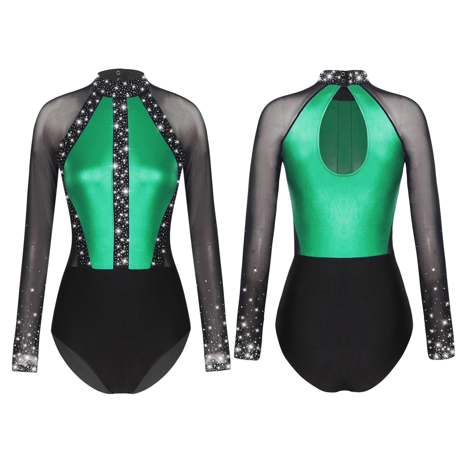 Women's Rhinestone Ballet Gymnastics Dance Leotard Bodysuit Long Sleeve Figure Skating Dance Costume XXL green