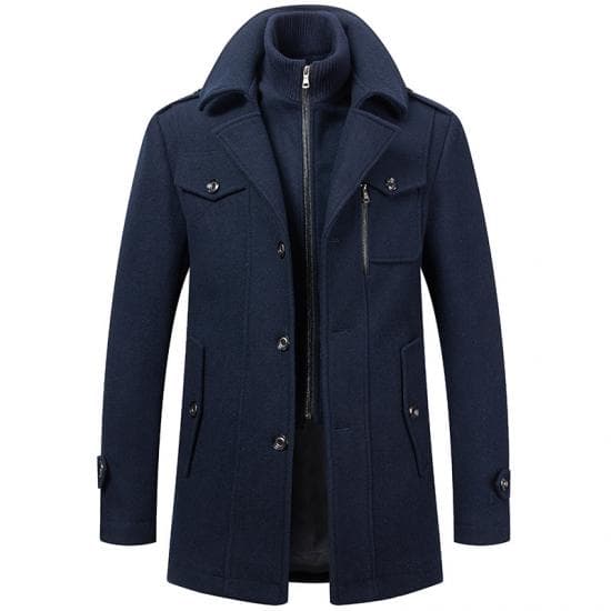 New Winter Wool Coat Men Fashion Double Collar Thick Jacket Single Breasted Trench Coat Men Casual Wool Blends Overcoats Men L navy blue
