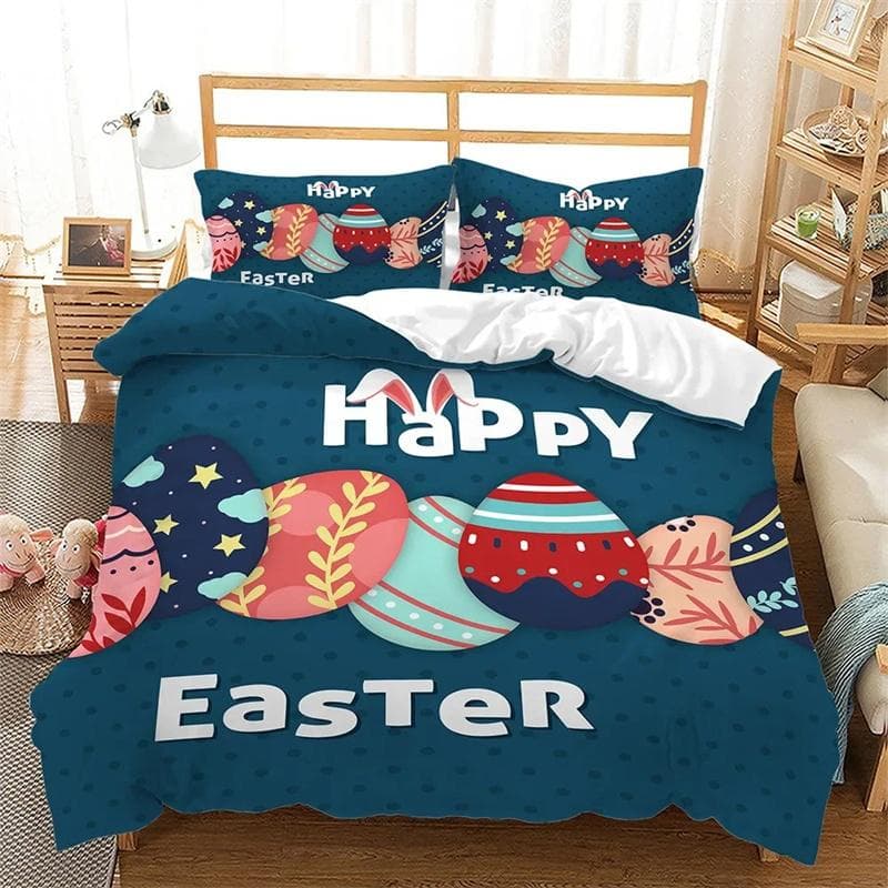 Easter Duvet Cover Set King/Queen Size Colorful Easter Eggs Nest Bunnies Theme Bedding Set Kids Boys Girls Polyester Quilt Cover 135x200cm 2pcs