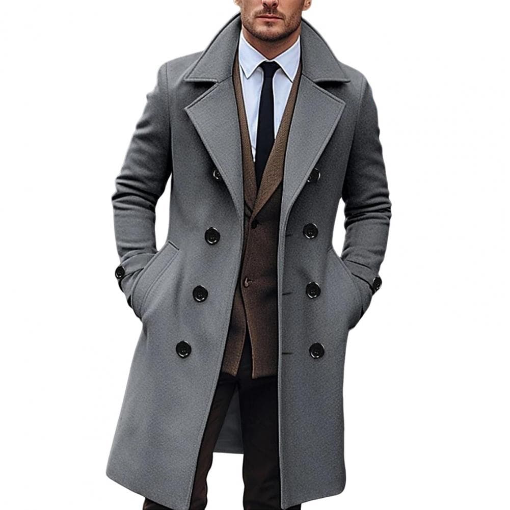 Men's Long Woolen Coat Lapel Long Sleeve Solid Color Windbreaker Pockets Double Breasted Mid-length Outwear XXL dark gray