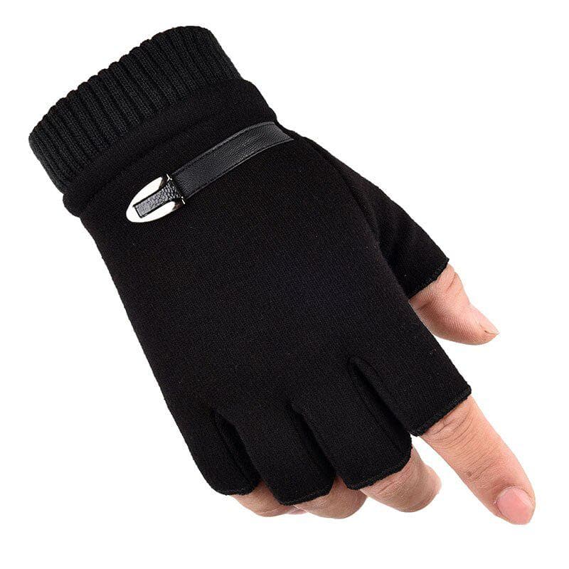 Winter Fleece Warm Gloves Men Half Finger Gloves Stretch Fingerless Mittens For Outdoor Cycling Driving Gloves black
