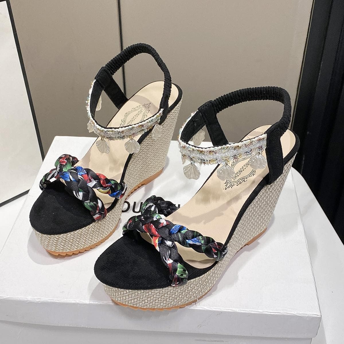 Summer sandals Women's wedges open toe elastic high heels All match fairy sandals 42 black