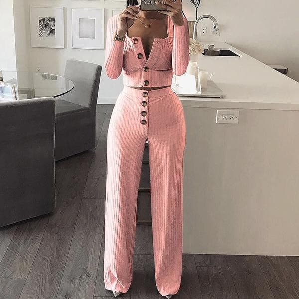 New 2pcs Women Fashion Long Sleeve Slim Knitting Tops + Straight Pants Women Clothing Set S pink