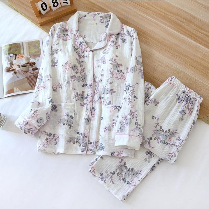 New Women's Pajama Set 100% Cotton Crepe with Chest Pads, Long Sleeved Pants, Cardigan, Home Furnishing Two Piece Set M