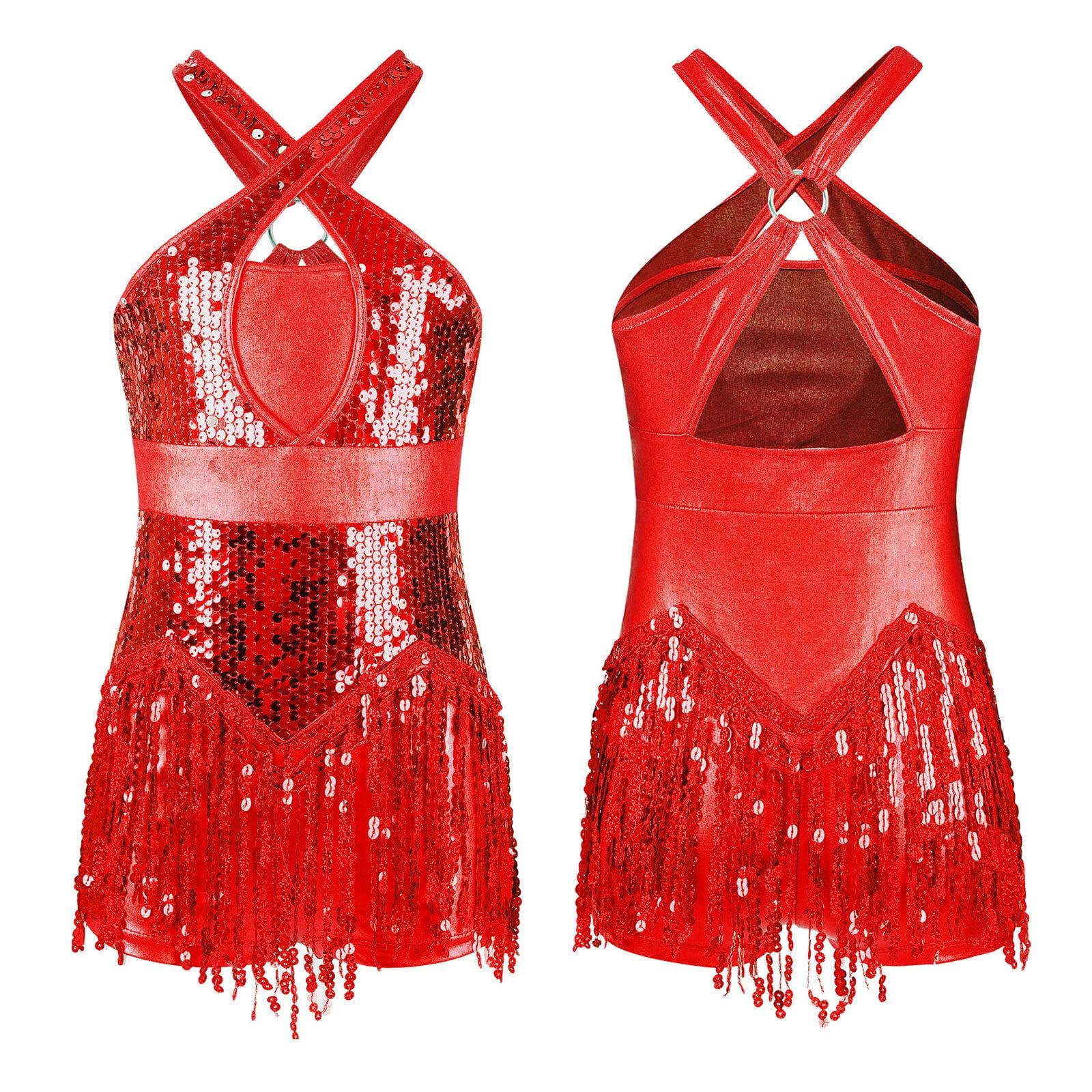 Kids Girls Cha-Cha Latin Dance Fringed Bodysuit Sparkly Sequins Tassel Leotard Performance Costume Tango Dancing Jazz Dancewear 9-10 Years red