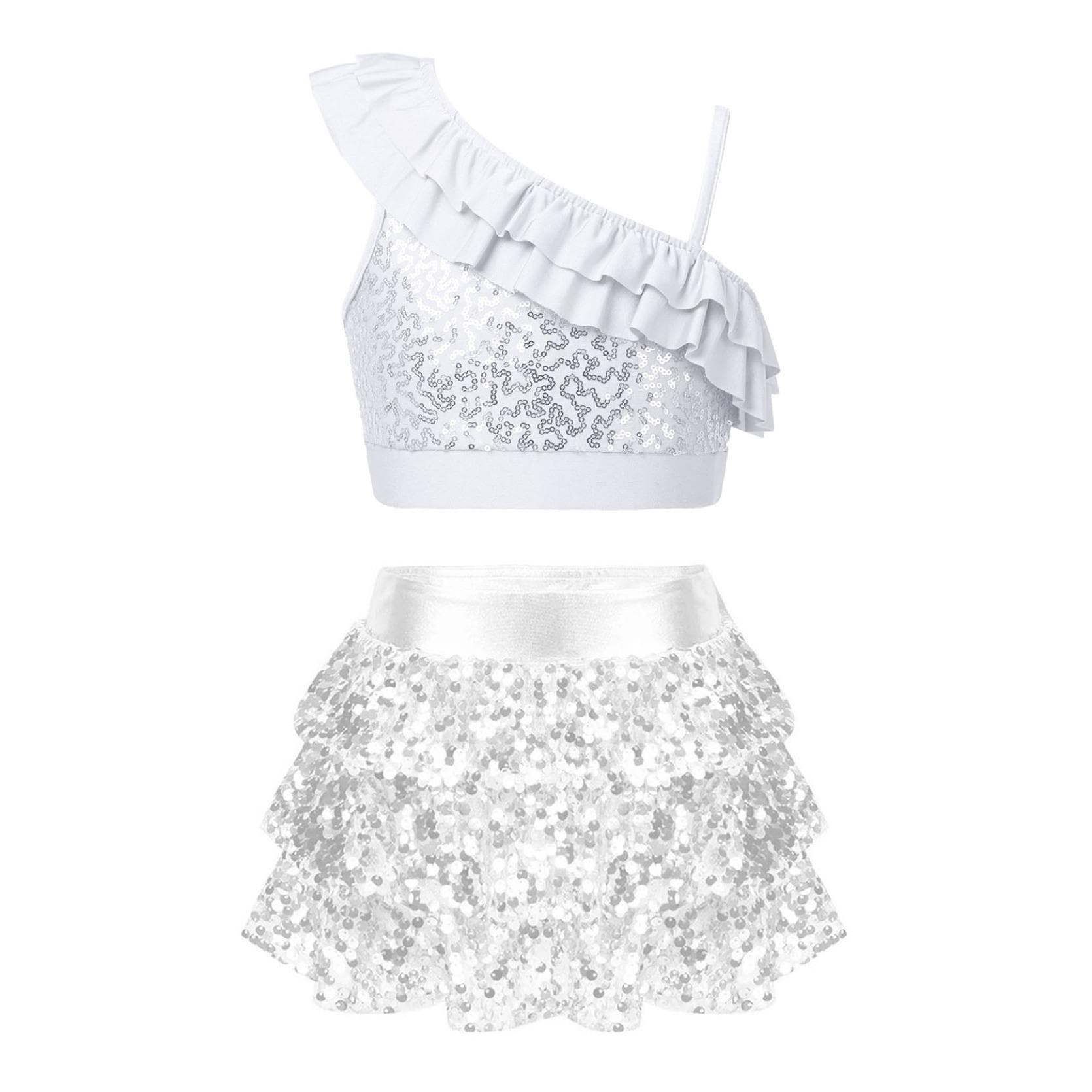 Girls Dance Performance Outfit Asymmetrical Shoulder Straps Sequin Crop Top with Ruffle Skirted Shorts Ballet Dancewear 13-14 Years silver