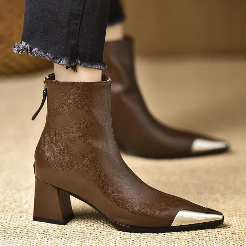 2024 Women's Shoes Ankle Women's Boots Elegant Modern Boots Women Metal Decoration Pointed Toe Back Zip High Heels Ladies Shoes 39