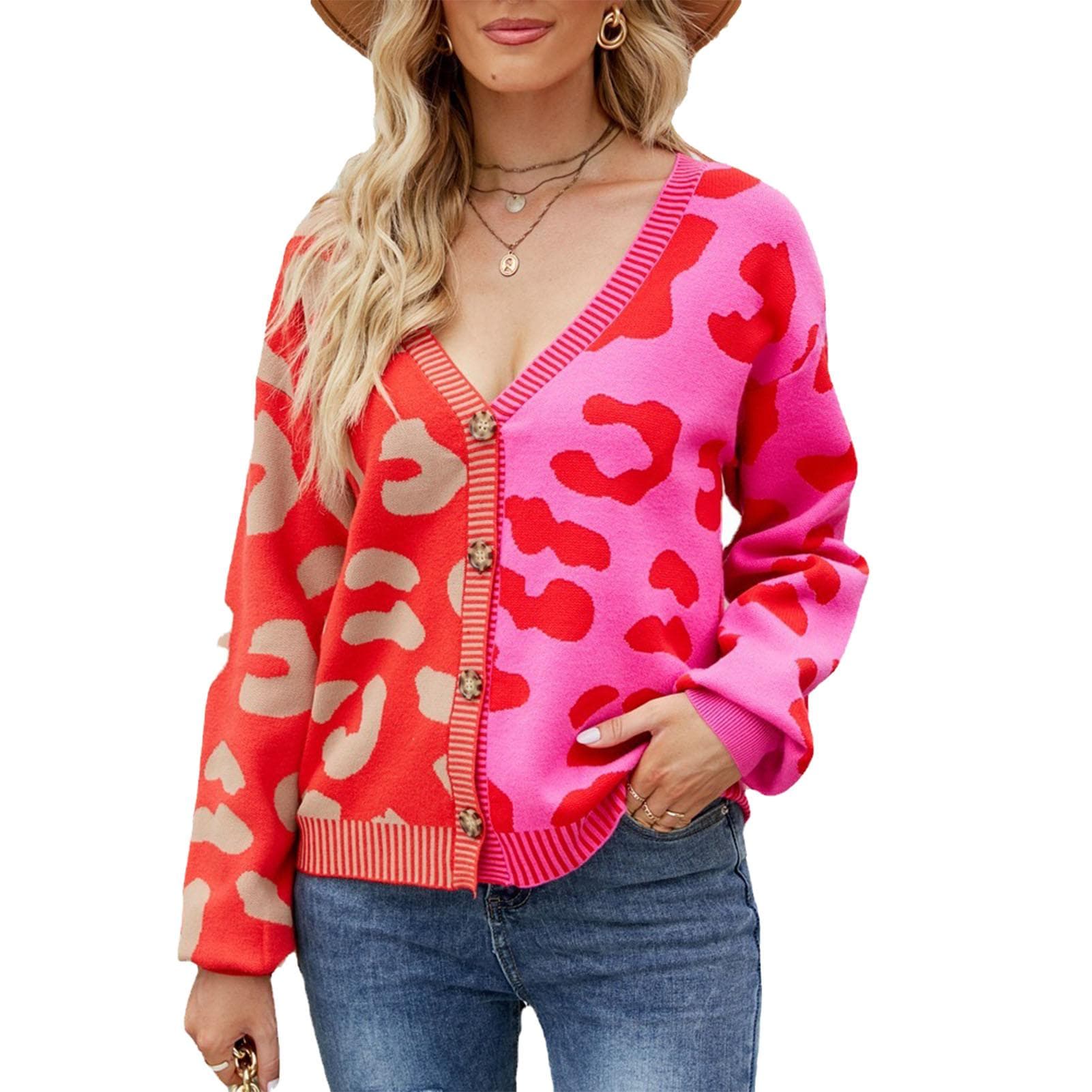 Women Knitted Coat Leopard Print Color Contrast V Neck Button Closure Long Sleeves Sweater Coat for L red
