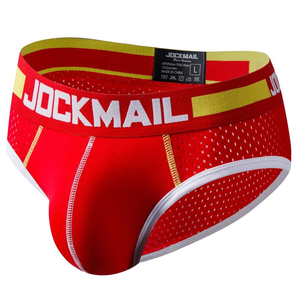 Men's Briefs JOCKMAIL Brand Sexy Low Waist Colour Blocking Design Sports Breathable Underpants Mesh Material Men's Underwear XXL red