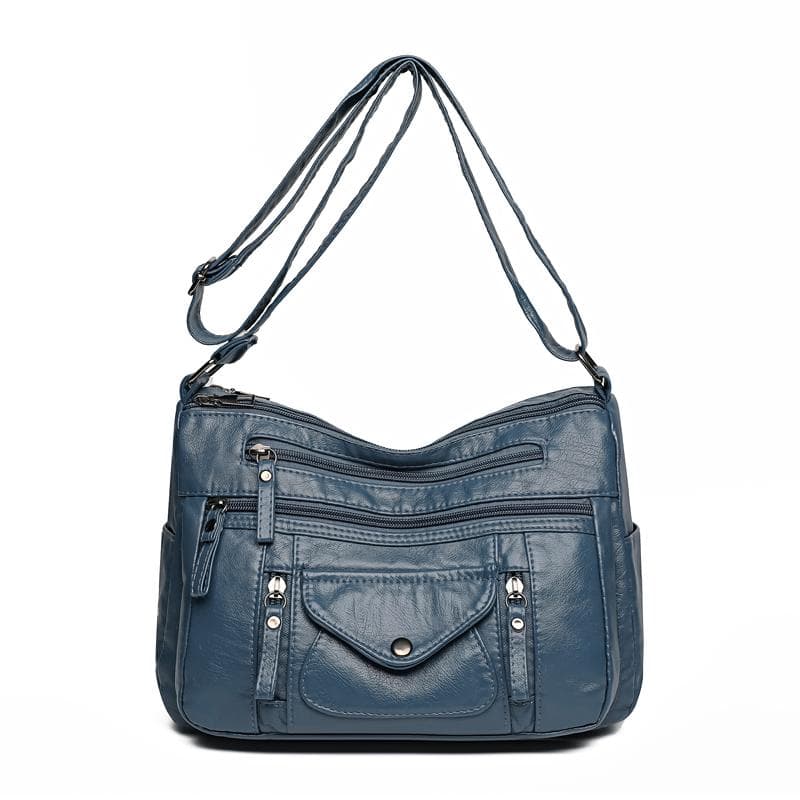 Women's Multi-Layer Shoulder Bag Soft Leather Crossbody Bag Large Capacity Middle-Aged and Elderly Mother Bag blue