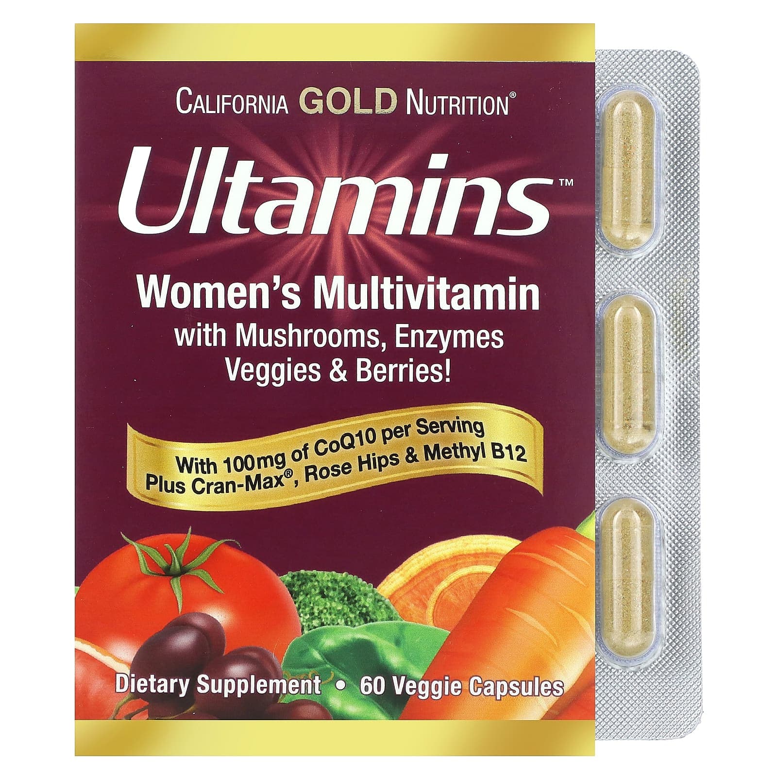 California Gold Nutrition, Ultamins Women's Multivitamin with CoQ10, with Mushrooms, Enzymes, Vegetables, and Berries, 60 Veggie Capsules