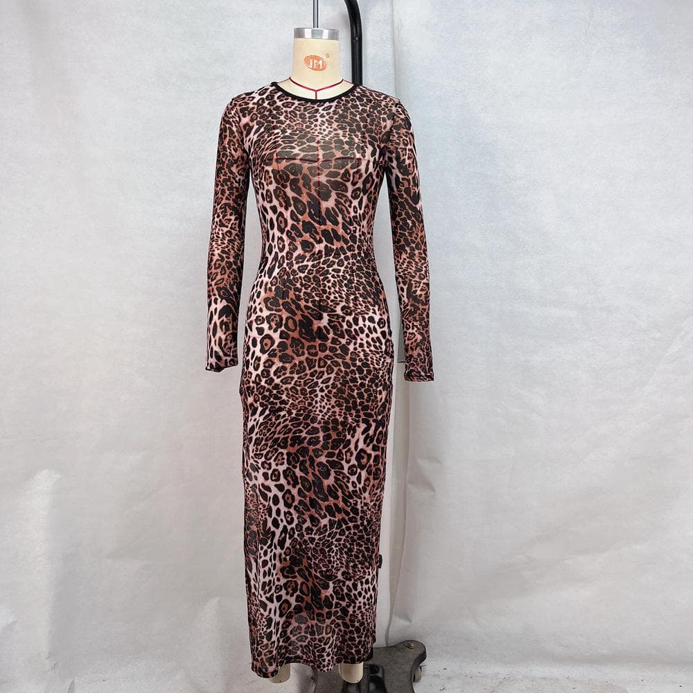 Women's New Round Neck Long Sleeve Mesh Printed Slit Dress for Women's Beach Vacation L