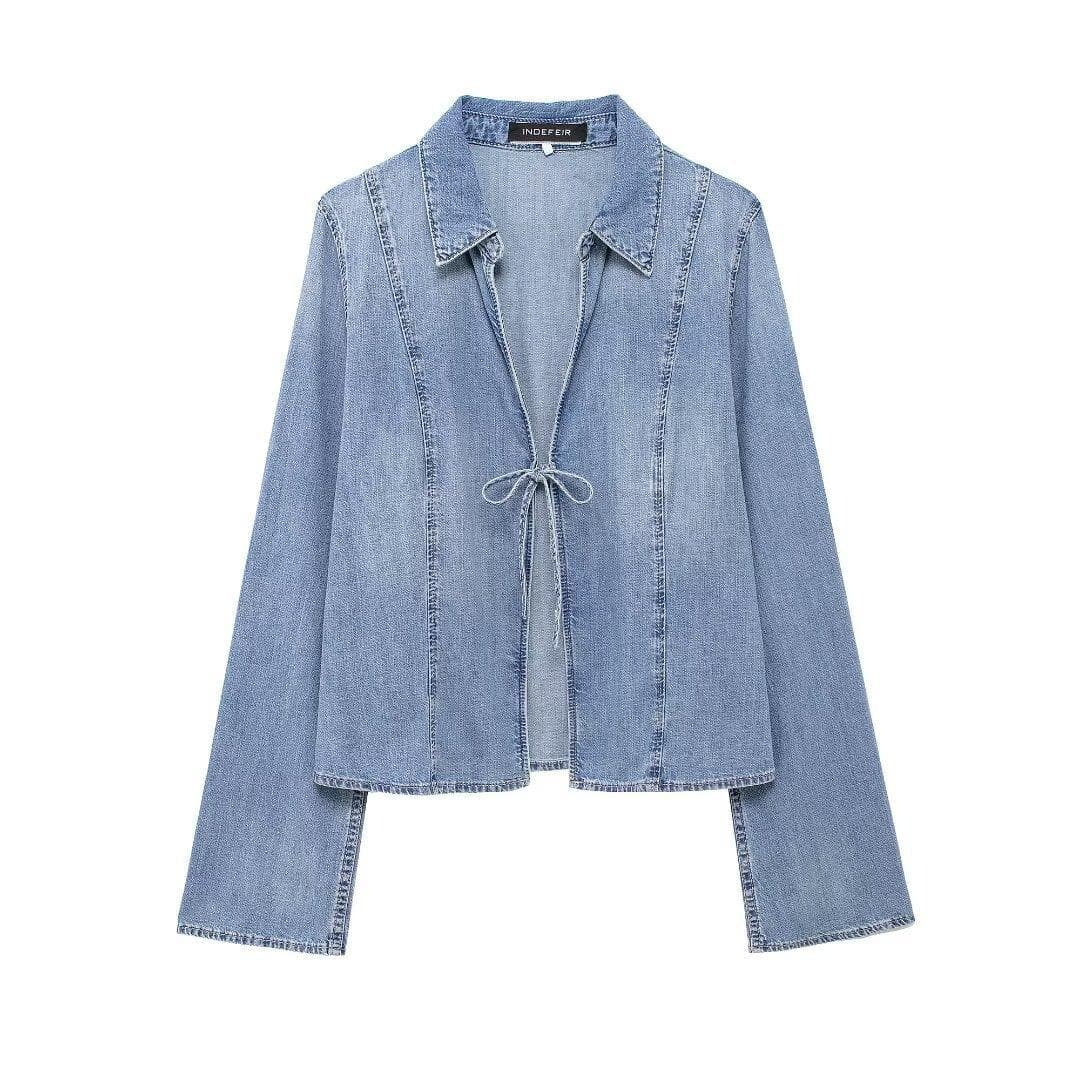 Women's Bow Tie Denim Shirt L blue