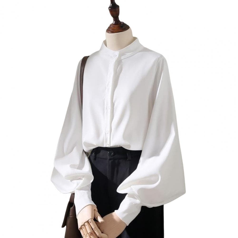 Women Shirt Stand Collar Lantern Long Sleeve Solid Color Shirt Loose Fit Single Breasted Office Lady Shirt M white