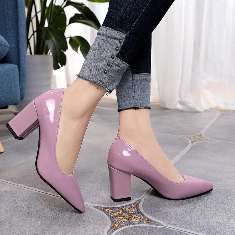 Women High Heels Lady Patent Leather Thick with Autumn Pointed Shoes Female Sandals 41 pink