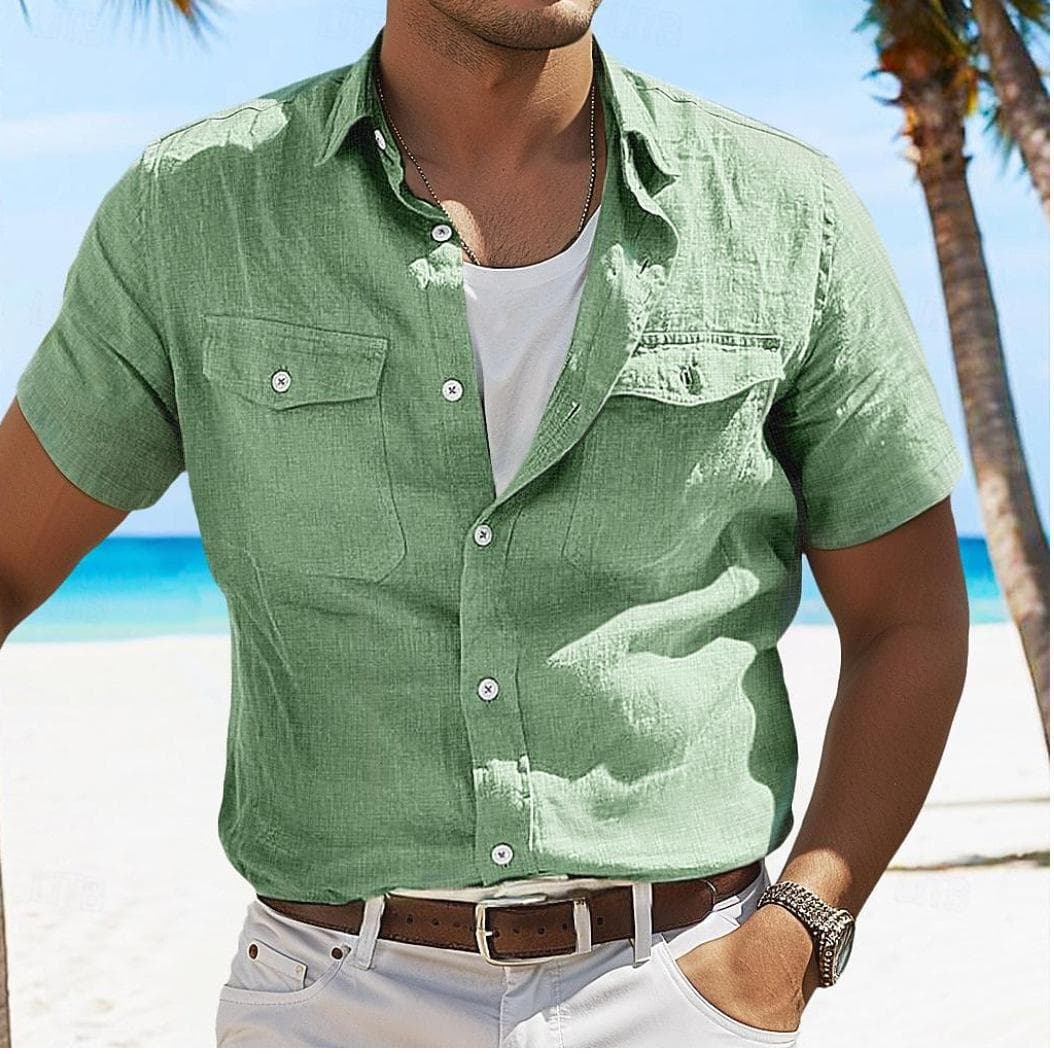 Summer Casual Shirts Men Fashion Short Sleeve Button-Up Shirt for Men Daily Solid Color Tops L green