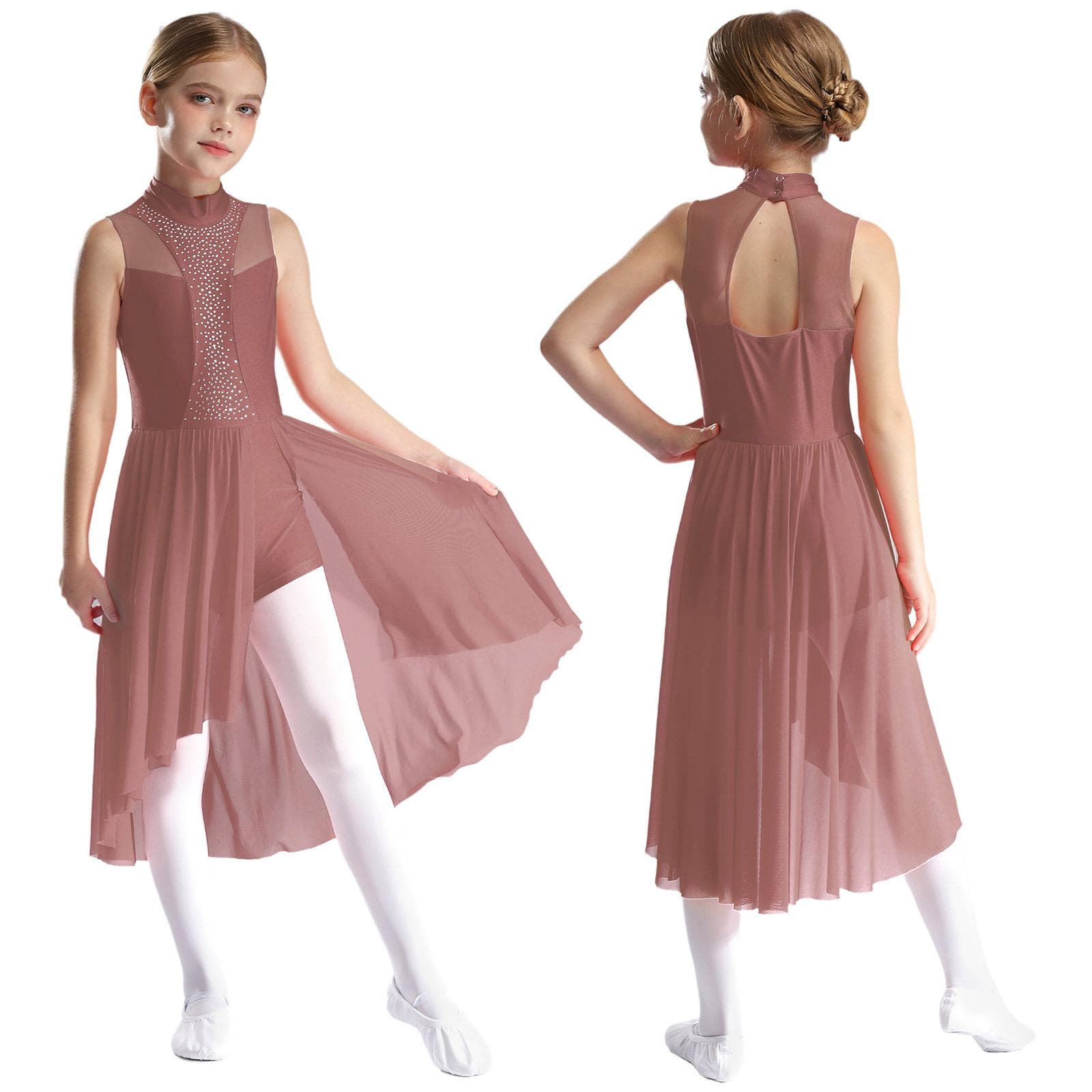 Kids Girls Chiffon Ballet Dress Sleeveless Mock Neck Cutout Back Side Split Asymmetrical Hem Sparkly Rhinestone Dance Dresses