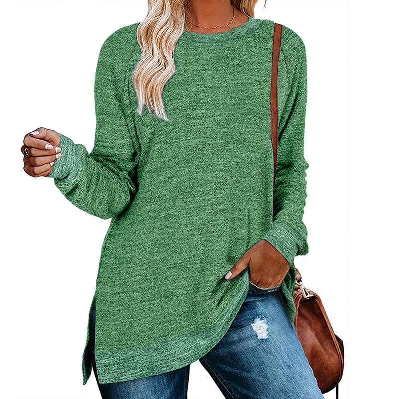 Autumn Winter Women T Shirts Solid Color Long Sleeve Round Neck Contrast Split Tops Loose Casual Plus Size T-shirt XXL