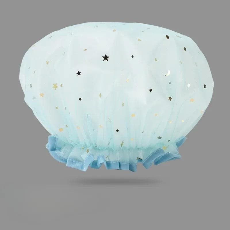 Waterproof Double-Layer Shower Cap Starry Sky Design Fashion Reusable Bathing Hat Kitchen Oil-proof Sanitary Hat blue