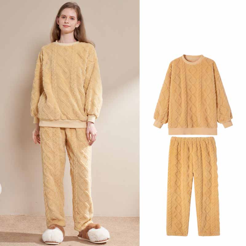 Sexy Round Neck Sleepwear Long Sleeved Pants Two-Piece Women's Coral Fleece Pajama Set Warm Flannel Intimate Lingerie Nightwear 2XL yellow