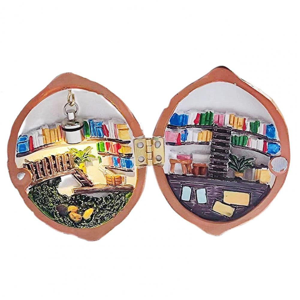 7.5*6.5cm Walnut Shell Decoration With Light Tiny World Inside Doll House Miniature Book Store Library Ornament Birthday Gift