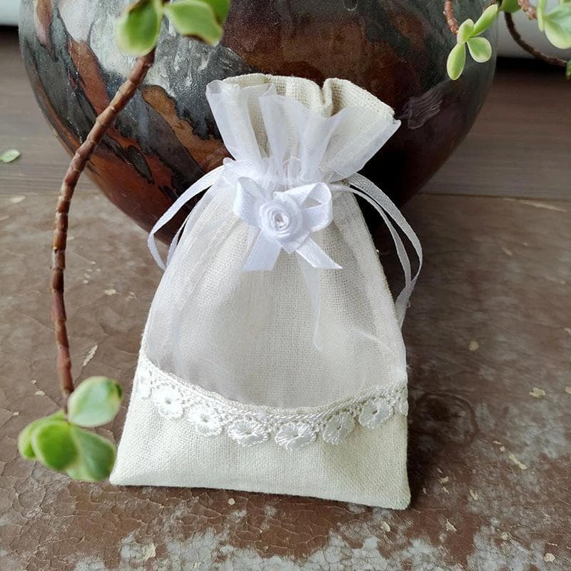 5pcs cotton linen lace butterfly end pocket Organza splicing gift bag drawstring jewelry storage bag 10x15CM white
