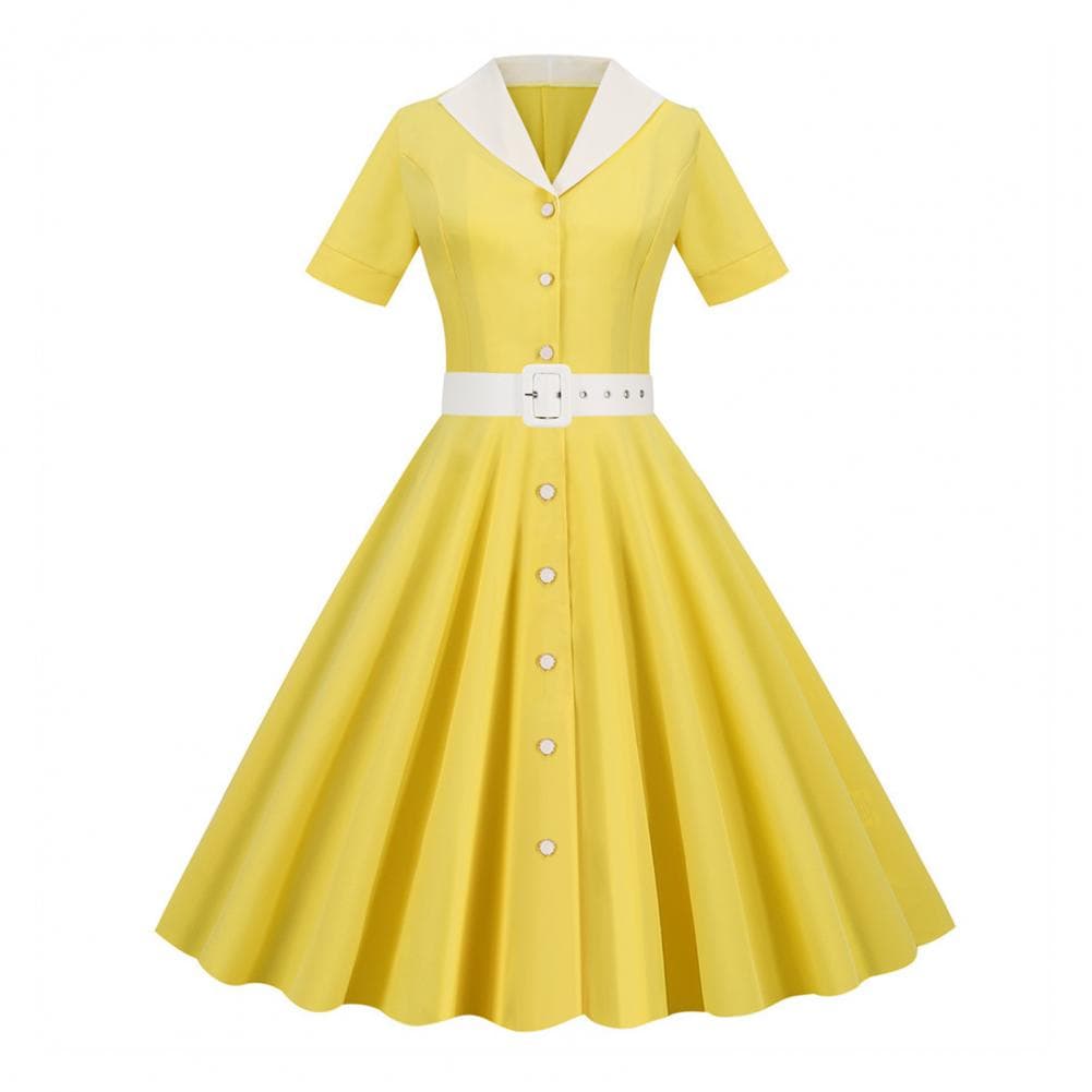 Women Dress V Neck Lapel Single-breasted with Belt A-line Big Swing Tight High Waist Solid Color Retro Short Sleeve Princess L yellow