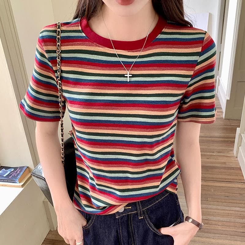 Colorful Round Neck Striped Short-sleeved T-shirt for Women In Summer New Style Gas Shirt Slim Fit Top XL red