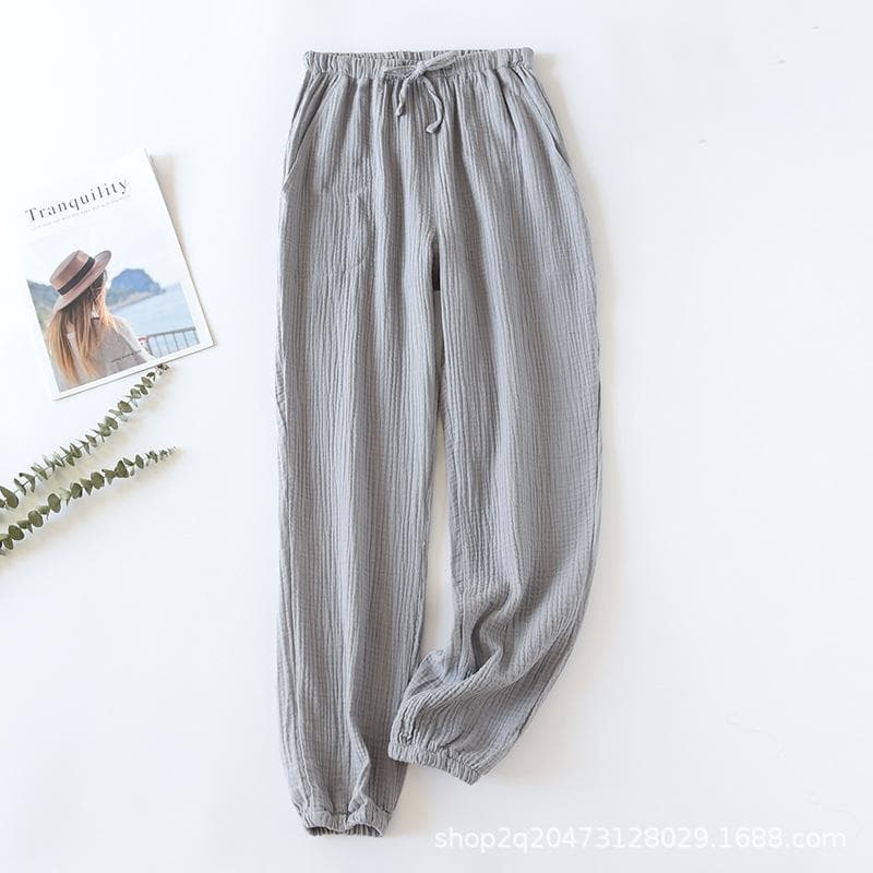 Spring Summer 100% Cotton Muslin Gauze Pants Women'S Casual Japanese Korean Homewear Pajama Cuffed Pantalones Female Clothing L light grey