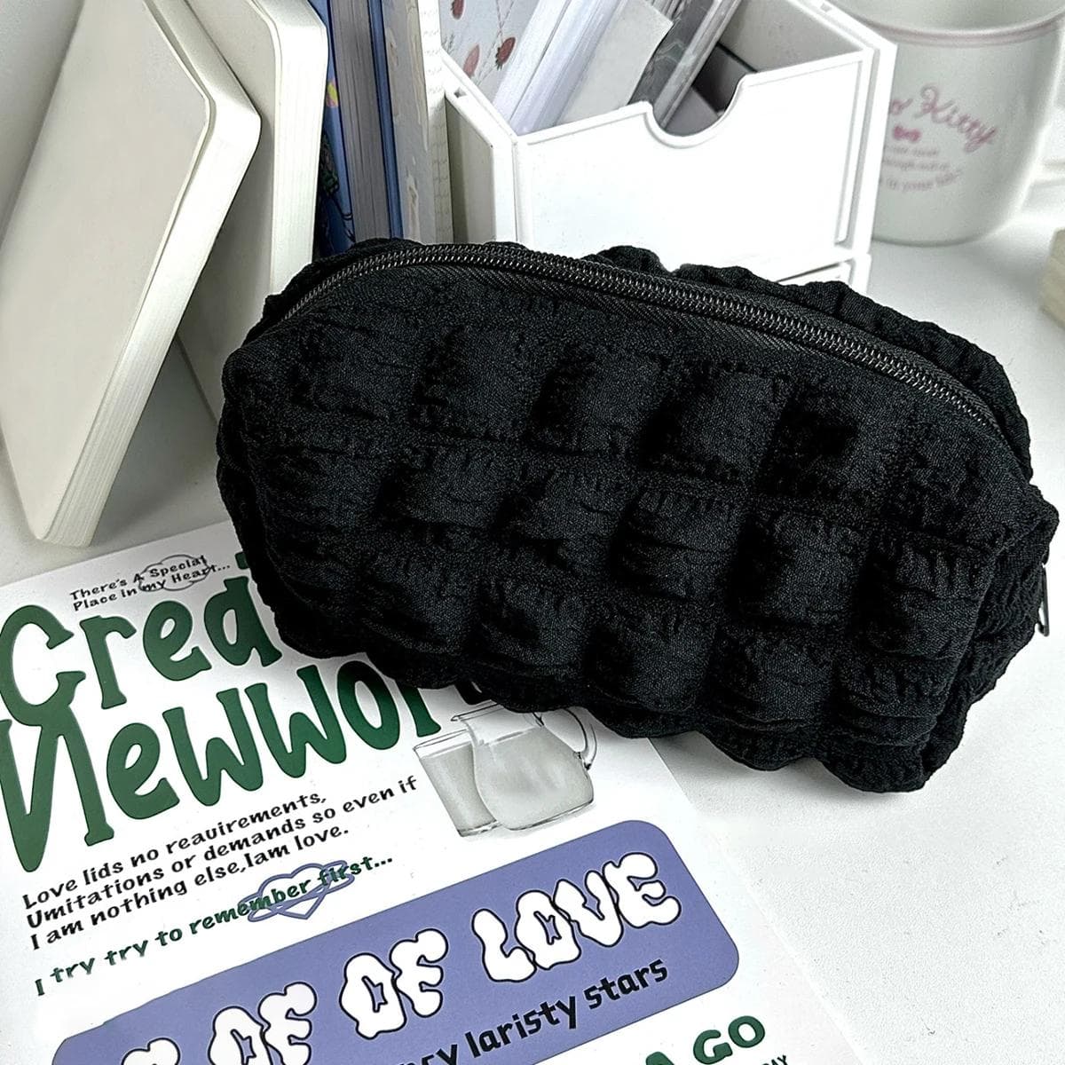 Kawaii Puffs Pencil Case Bag Cosmetic Girls Pen Pouch Box Cute Korean Stationery for Office Back to School Supplies Students black
