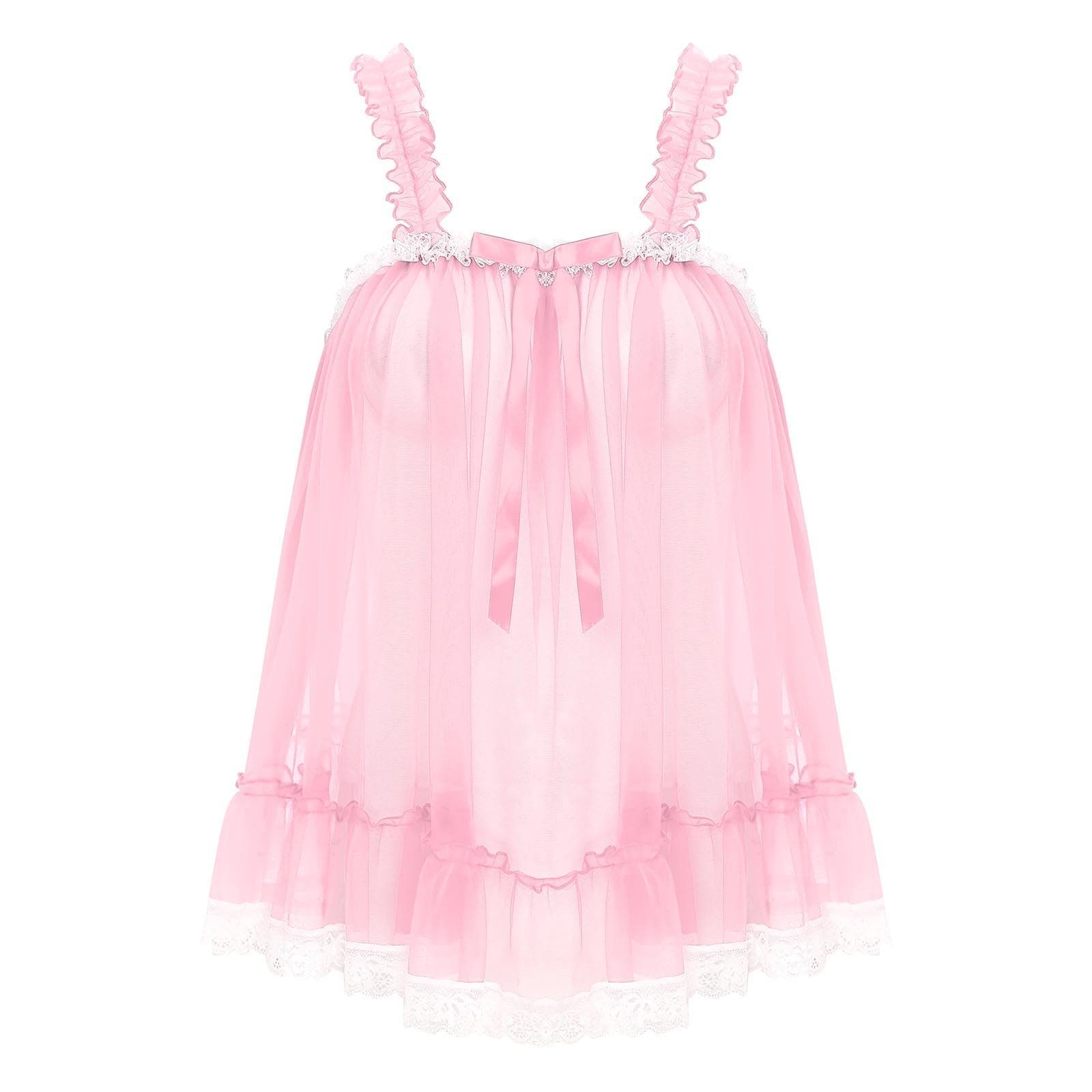 Womens Sheer Mesh Ruffle Strap Camisole Lace Trim See-Through Nightclub Top Bow Accent Sultry Evening Party Slip Blouse M pink