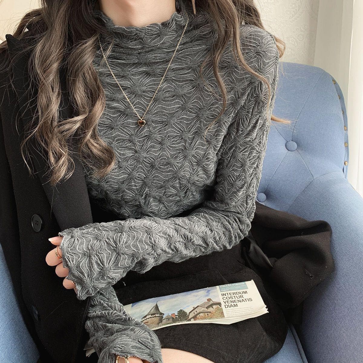 Big Size Women's Inner Long Sleeve Autumn and Winter Half High Neck Bottom Shirt Pleated Jacquard Slim Slim T-Shirt Top 4XL