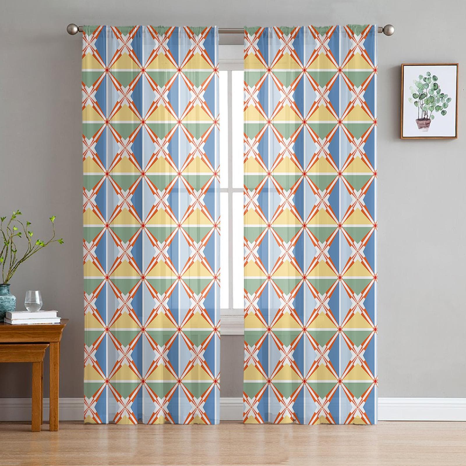 Plaid Geometric Weave Voile Sheer Curtains For Living Room Window Chiffon Tulle Curtain Kitchen Bedroom Drapes Home Decor 135W x 114H(cm)