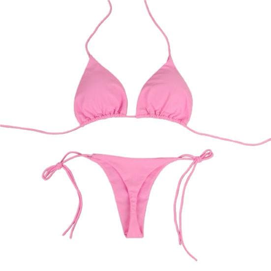 Solid Color 2 Pcs/Set Bikini Set Halter Neck Strap Thong Women Swimsuit Set M pink