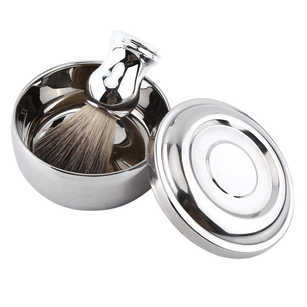 Alloy Shaving Soap Mug Bowl With Lid Silver Handle Faux Badger Hair Brush Men Shave Tool Kit