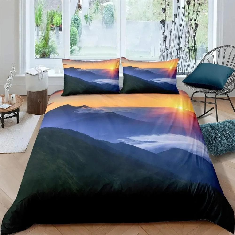 Smoky Mountain Duvet Cover Set Misty Forest Bedding Set Full Queen Size Grey Trees Natural Scenery Art Comforter Cover 150X200cm-3pcs