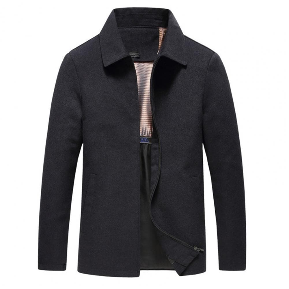 Men Fall Winter Coat Jacket Solid Color Lapel Zipper Closure Cardigan Long Sleeves Thick Thermal Pockets Straight Mid-aged Men F M navy blue