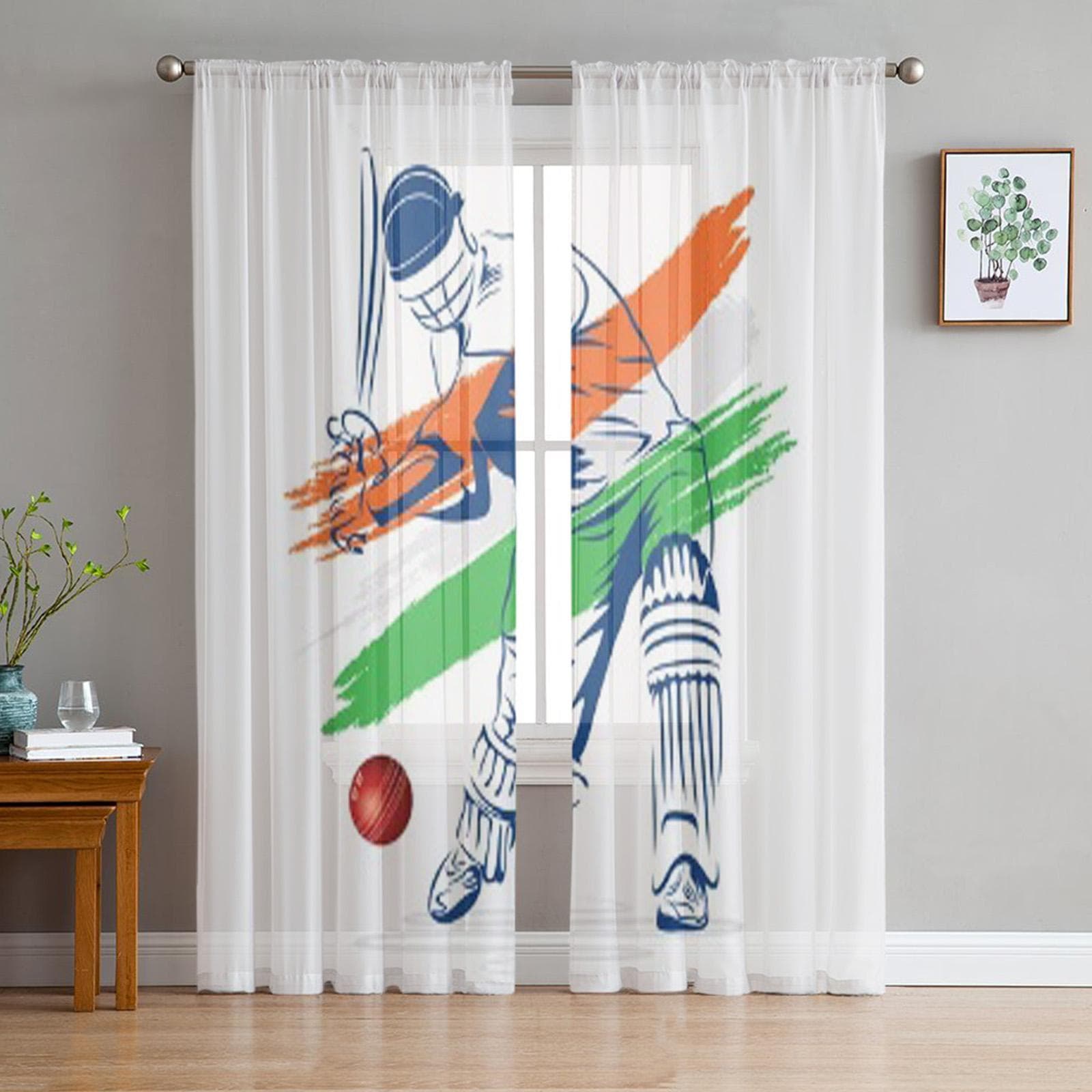 Abstract Cricket Player Hi The Ball Design By Brush Stroke Vector Tulle Sheer Curtains for Living Room Voile Organza Curtain 135W x 114H(cm)