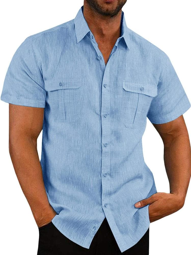European and American Men's Shirt, Double Pocket Cotton Linen Short Sleeved Shirt, Casual Vacation Shirt L sky blue