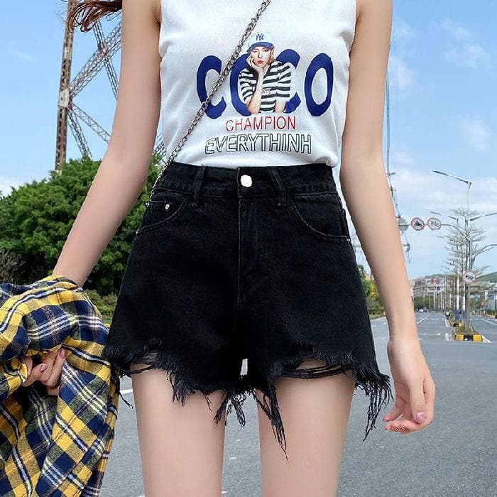 Black Denim Shorts for Women In Summer High Waist New Style Burrs and Holes A-line Loose and Slimming XXL black