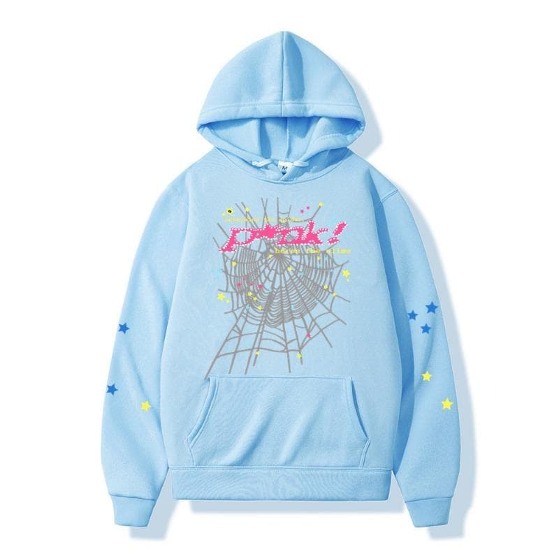 Autumn Winter Spider Web Hip Hop Singer Printed Versatile Hoodie Loose Casual Hoodies & Sweatshirts Men’s L light blue