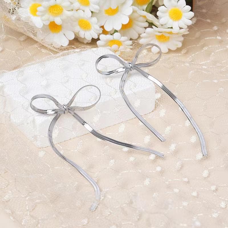 Fashion Long Tassel Bow Earrings For Women Flat Snake Chain Bowknot Drop Earrings Statement Jewelry Girls Gift silver