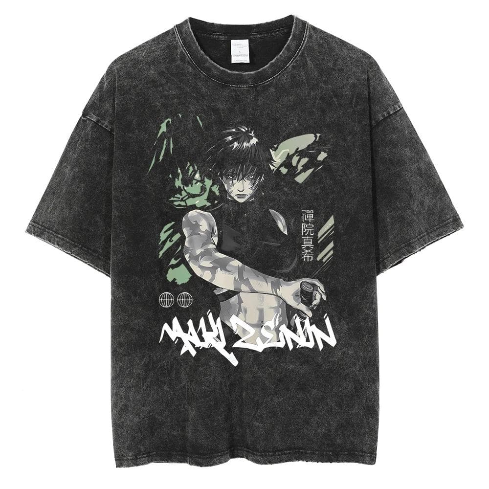 Hot Anime Jujutsu Kaisen Zenin Maki Cool Printed T-shirt Men Women Classic Tshirts Harajuku Male Washed Cotton Manga T Shirt S black