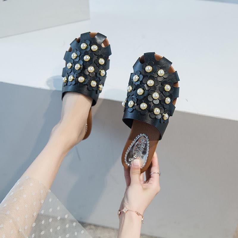 PU Slides Summer New Fashion Shoes Thick Bottom Soft Bottom Anti-slip Slipper Outer Wear Pearl Upper Hollow Sandals Outdoor Beach Flip-flops 40