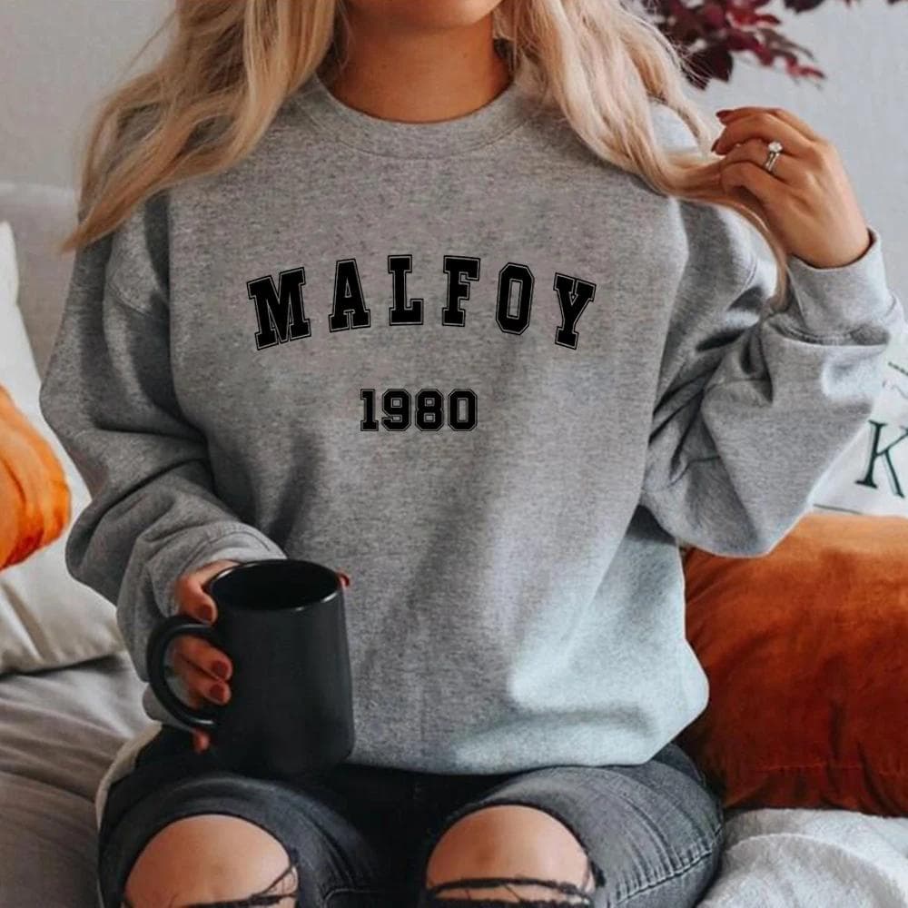 Malfoy 1980 Crewneck Sweatshirt Draco Malfoy Sweatshirt Graphic Hoodies Women Short Sleeve Sweatshirts Streetwear Pullover XXXL gray